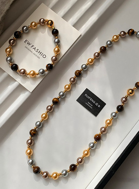 美拉德穿搭天然虎眼石磁吸扣串珠项链女配饰高级感锁骨链毛衣链