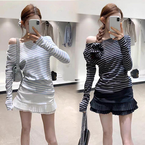 早春条纹上衣裙子套装小香风女装