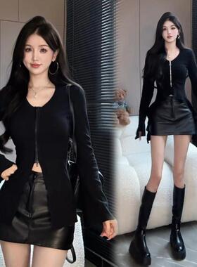 秋冬季上衣女搭配皮裙入秋穿搭一整套装小个子韩系又a又飒初秋装