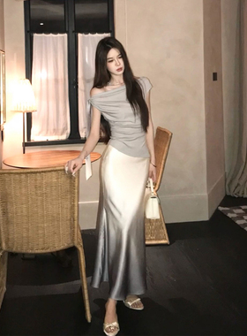 法式时尚设计感荡领系带夏天温柔风不规则露肩上衣半身裙两件套女