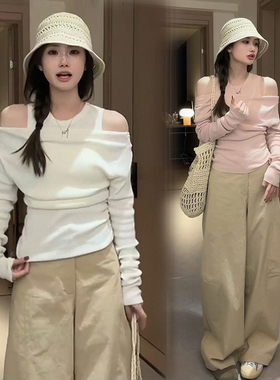 露肩上衣阔腿裤套装洋气衣服网红炸街女装早春穿搭一整套韩系休闲