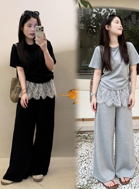 短袖上衣搭配蕾丝拼接阔腿裤时尚套装女装小众炸街高级感女装韩系