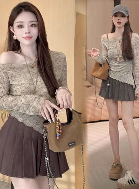 斜肩上衣T恤裙子套装入秋一整套女装秋冬穿搭小香风衣服知性纯欲