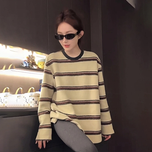 打底衫 T恤女秋冬遮屁股中长款 上衣 撞色条纹磨毛德绒长袖 韩系时尚