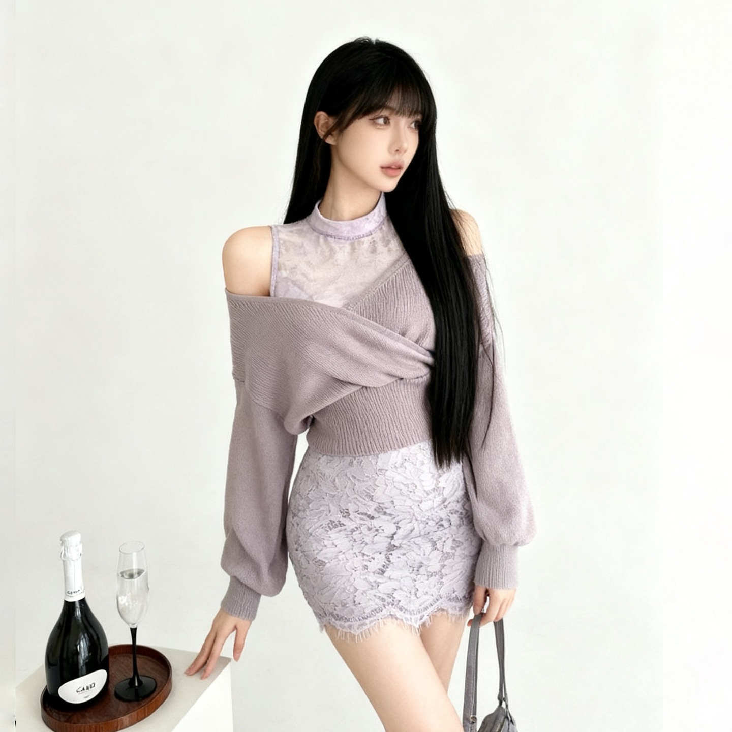 性感蕾丝短裙露肩套装秋冬