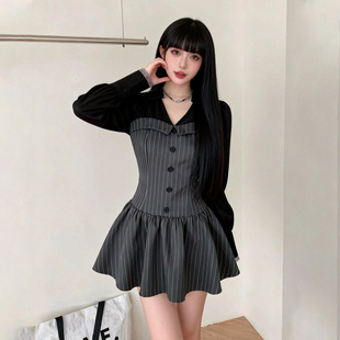 小个子早秋穿搭假两件连衣裙女轻奢高级感气质收腰长袖衬衫裙新款