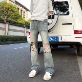 A417ANK379P55破洞牛仔裤男夏季薄款美式高街vibe裤子微喇裤，男装牛仔裤，电商A417A