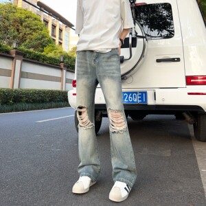 A417A NK379 P55破洞牛仔裤男夏季薄款美式高街vibe裤子微喇裤图片
