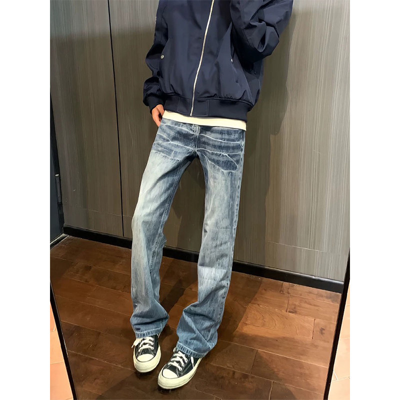 A417ANK9527P45男士闪电纹牛仔裤高街水洗修身微喇裤子,男装牛仔裤,电商A417A