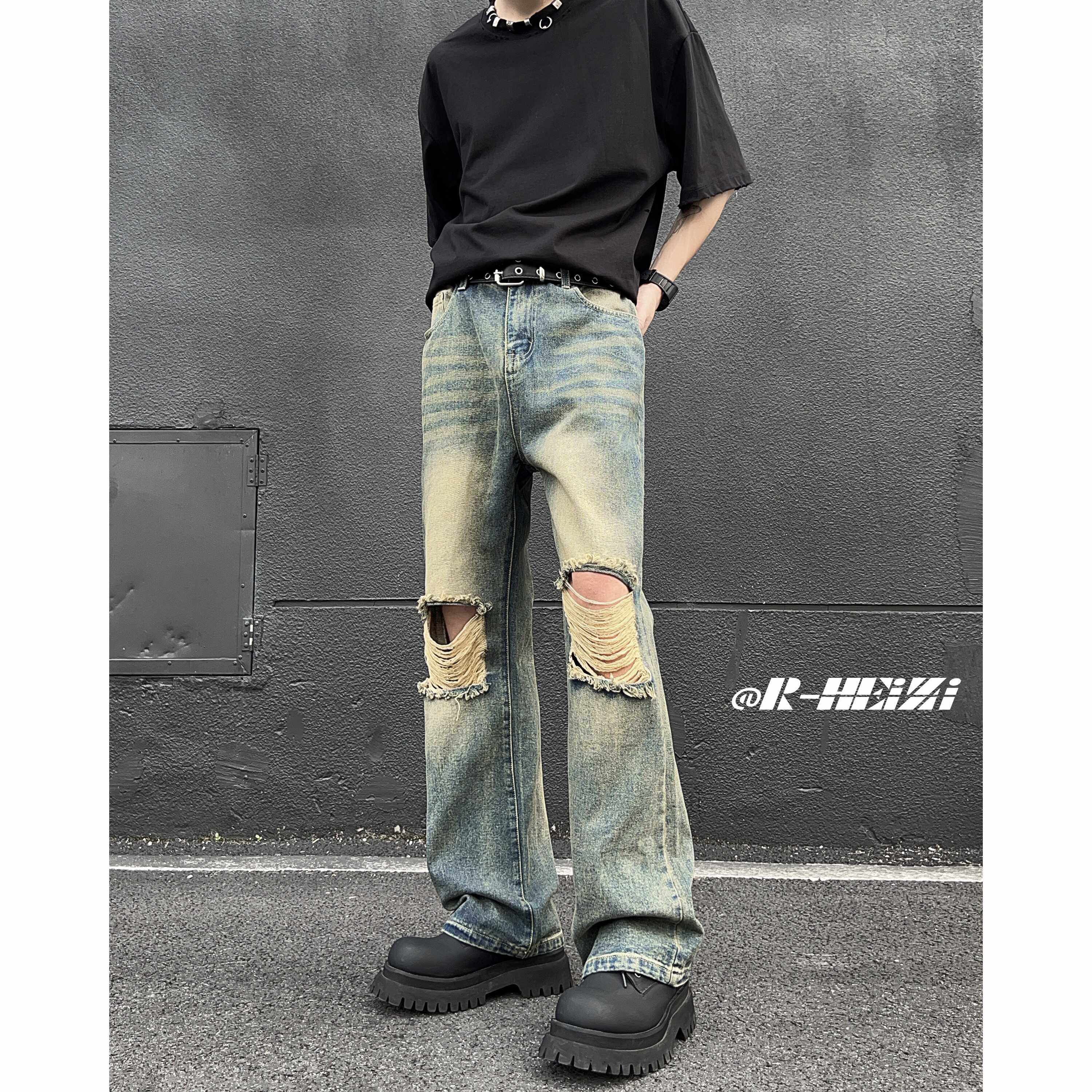 A417ANK378P55破洞牛仔裤男夏季薄款美式高街vibe裤子微喇裤，男装牛仔裤，电商A417A