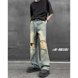 A417A NK378 P55破洞牛仔裤男夏季薄款美式高街vibe裤子微喇裤,男装牛仔裤,电商A417A