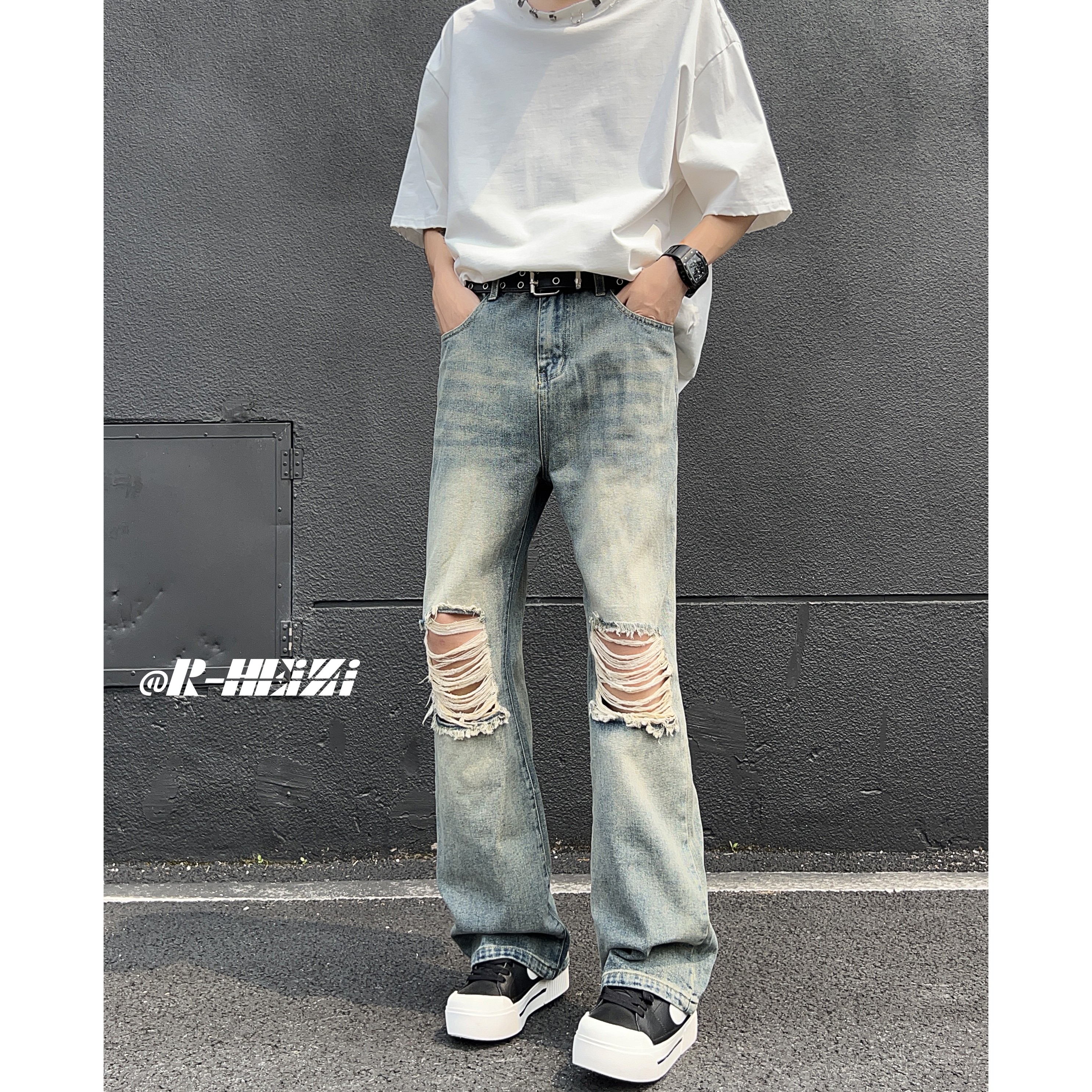 A417ANK379P55破洞牛仔裤男夏季薄款美式高街vibe裤子微喇裤,男装牛仔裤,电商A417A