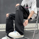 A417ANK378P55破洞牛仔裤男夏季薄款美式高街vibe裤子微喇裤，男装牛仔裤，电商A417A