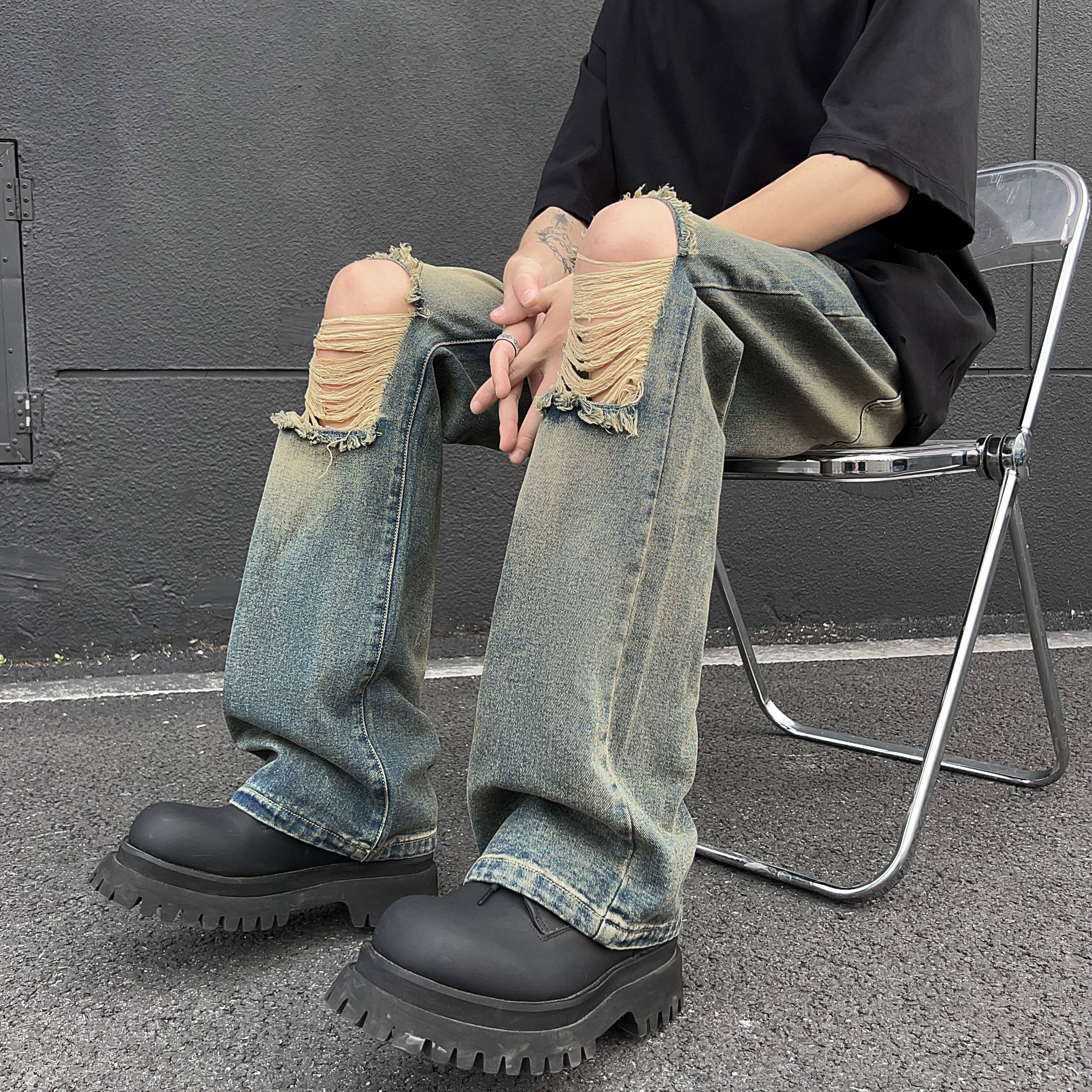 A417A NK379 P55破洞牛仔裤男夏季薄款美式高街vibe裤子微喇裤图片