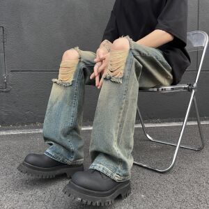 A417A NK379 P55破洞牛仔裤男夏季薄款美式高街vibe裤子微喇裤图片