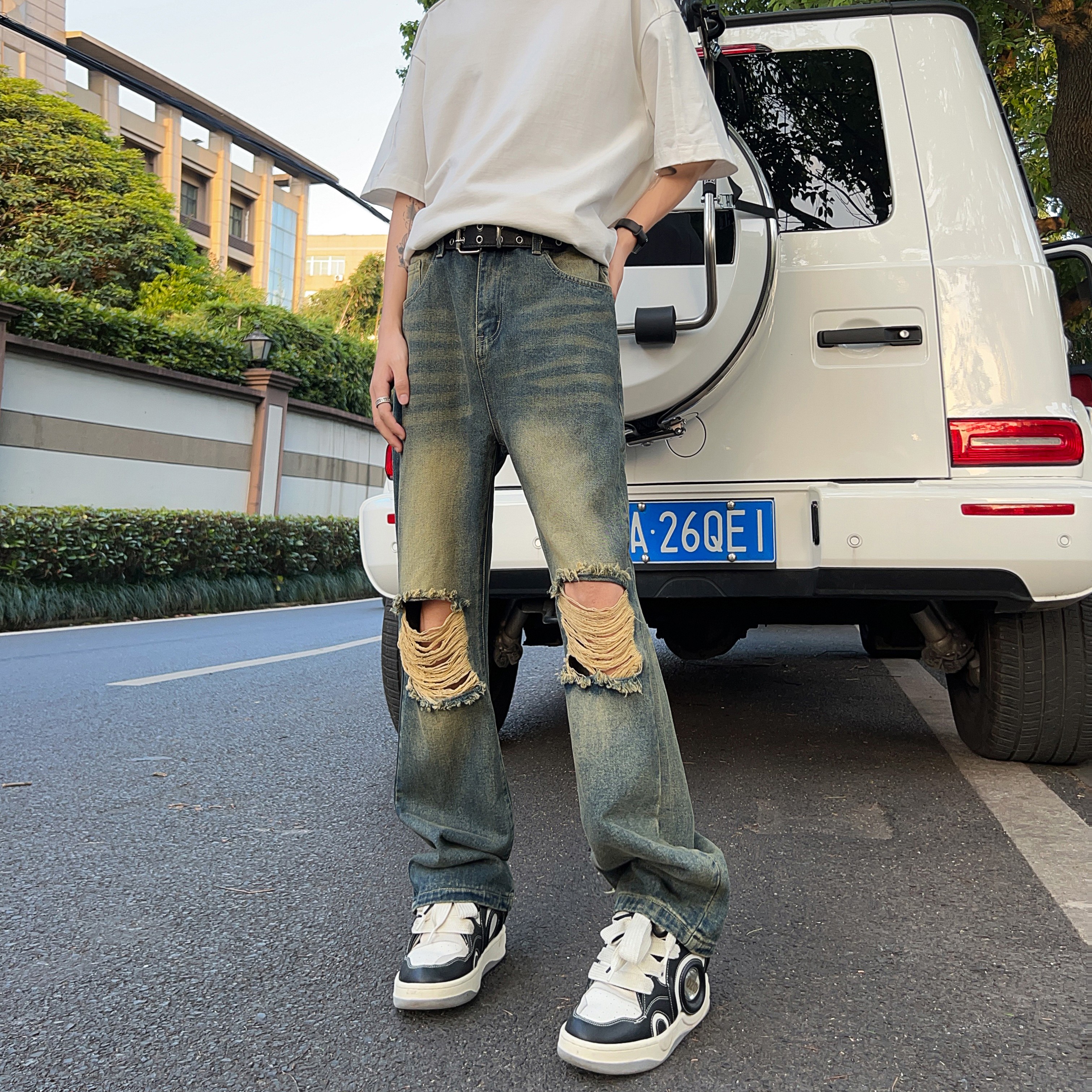 A417ANK379P55破洞牛仔裤男夏季薄款美式高街vibe裤子微喇裤,男装牛仔裤,电商A417A