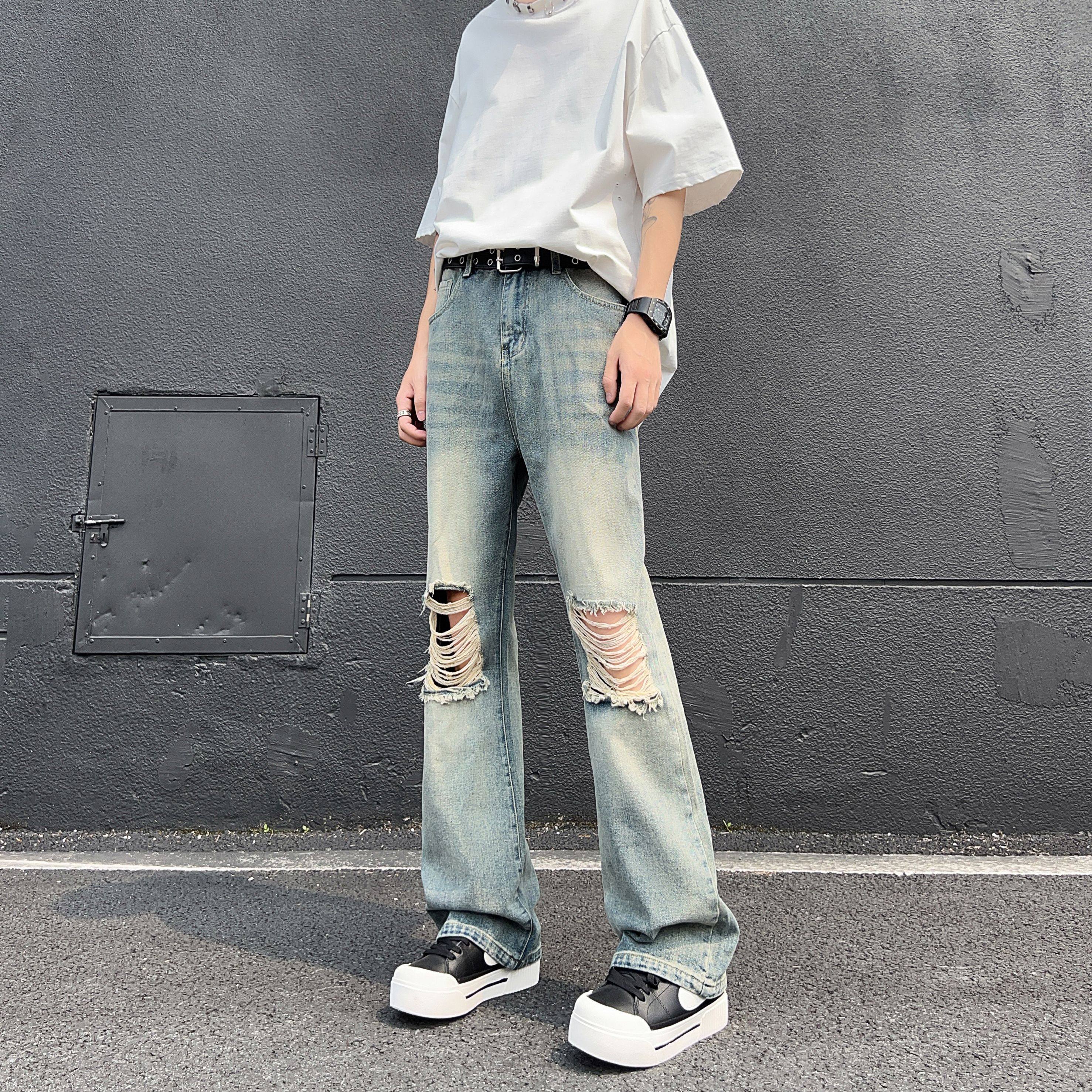 A417ANK378P55破洞牛仔裤男夏季薄款美式高街vibe裤子微喇裤，男装牛仔裤，电商A417A