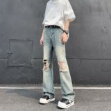 A417ANK378P55破洞牛仔裤男夏季薄款美式高街vibe裤子微喇裤，男装牛仔裤，电商A417A