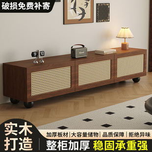 实木复古风藤编电视柜2025新款高级感小户型黑色客厅法式电视机柜