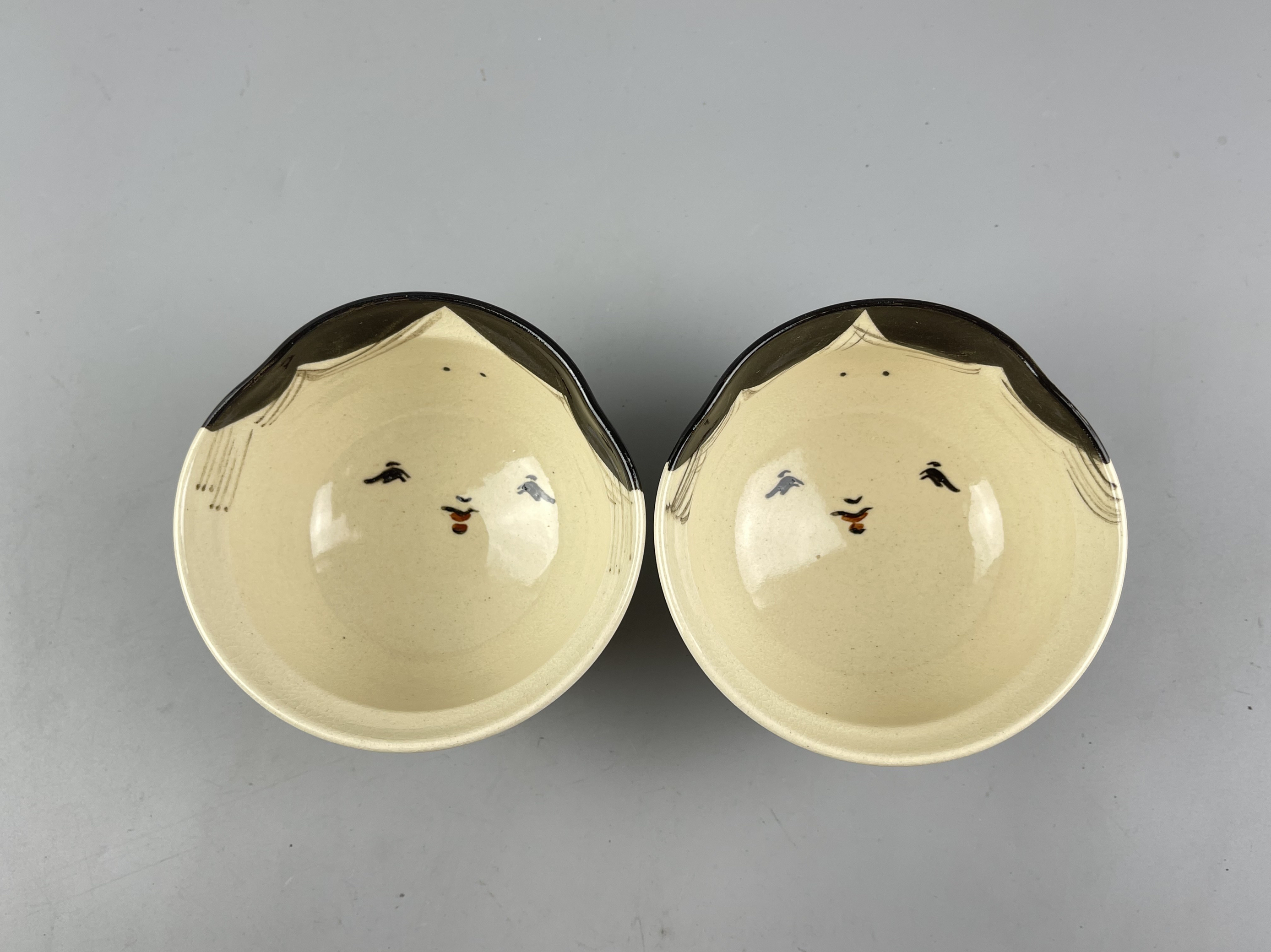 日本百福杯 一对 清水烧  极具特色 纯手工制作 百福娃娃 带落款