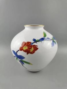 日本香兰社制 陶瓷花瓶 花器 经典款器型 交趾釉 茶花图 插花摆件