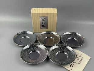 日本银川堂制 手工鎚打制成 熏银纯铜茶托 杯垫一套5客 全品