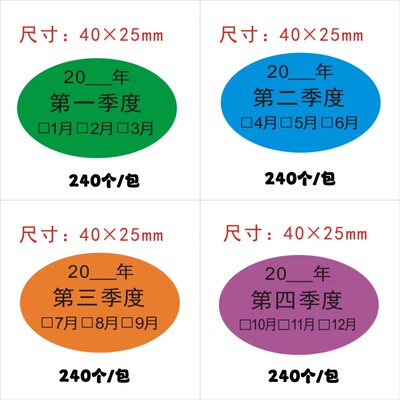 季度标签40*25ＭM椭圆彩色先进先出季度不干胶标签纸月份贴纸