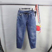 弹力夏季 女九分哈伦牛仔裤 胖mm大码 萝卜裤 薄 浅蓝色宽松显瘦老爹裤