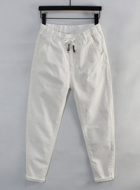 女宽松哈伦牛仔长裤小脚显瘦垮裤白色弹力九分萝卜松紧腰大码胖mm