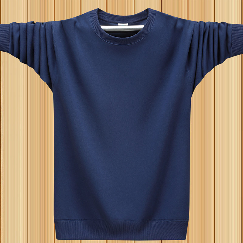 春秋冬季男士纯棉运动薄款卫衣纯色加肥加大码加绒长袖t恤 深蓝色