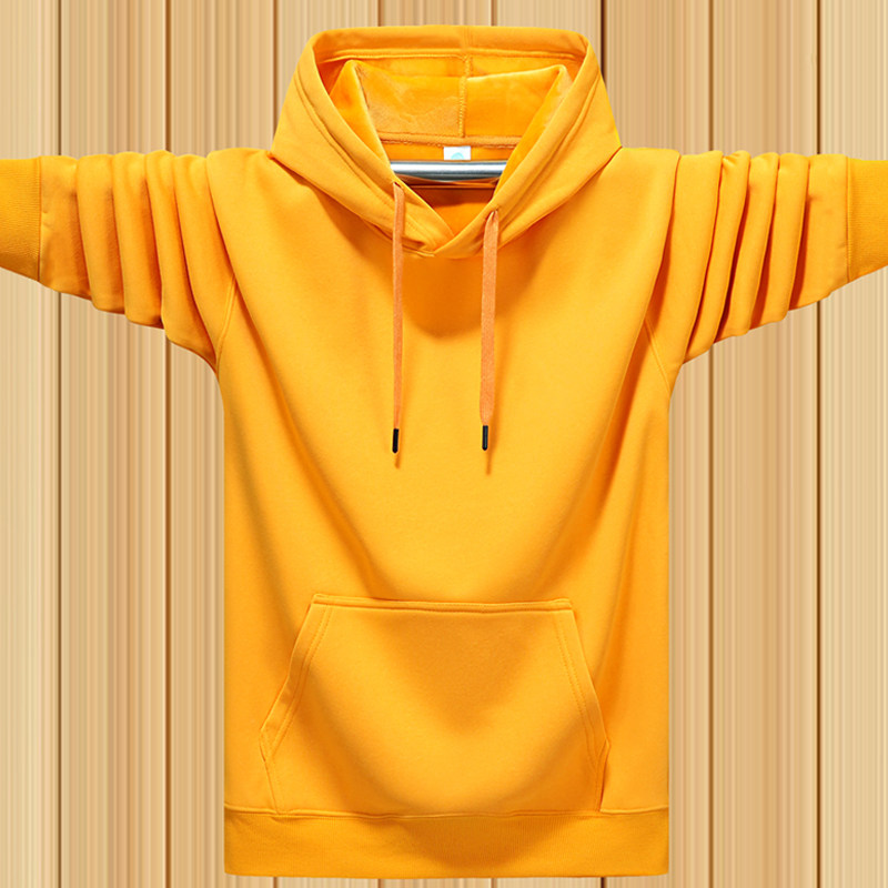 春秋冬纯色加绒连帽卫衣男女纯棉运动外套宽松休闲情侣装帽衫黄色