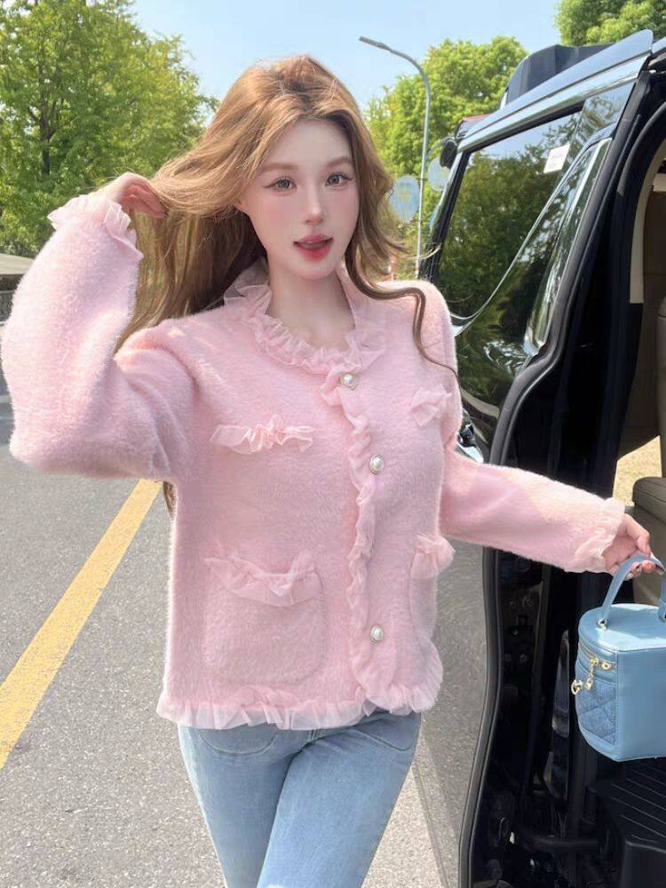 名媛水貂绒小香风毛衣外套女秋季新款网纱花边拼接针织上衣高级感