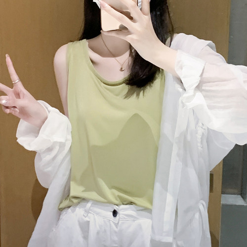 慵懒宽松圆领宽肩带背心女夏季休闲简约纯色少女日常可外穿打底