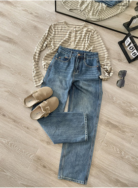 春秋装新款高阶复古水洗复古牛仔裤窄版阔腿裤7174