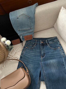 1CoMo 回归 秋季弹力毛边直筒法棍裤 显瘦高腰韩版牛仔裤 7104