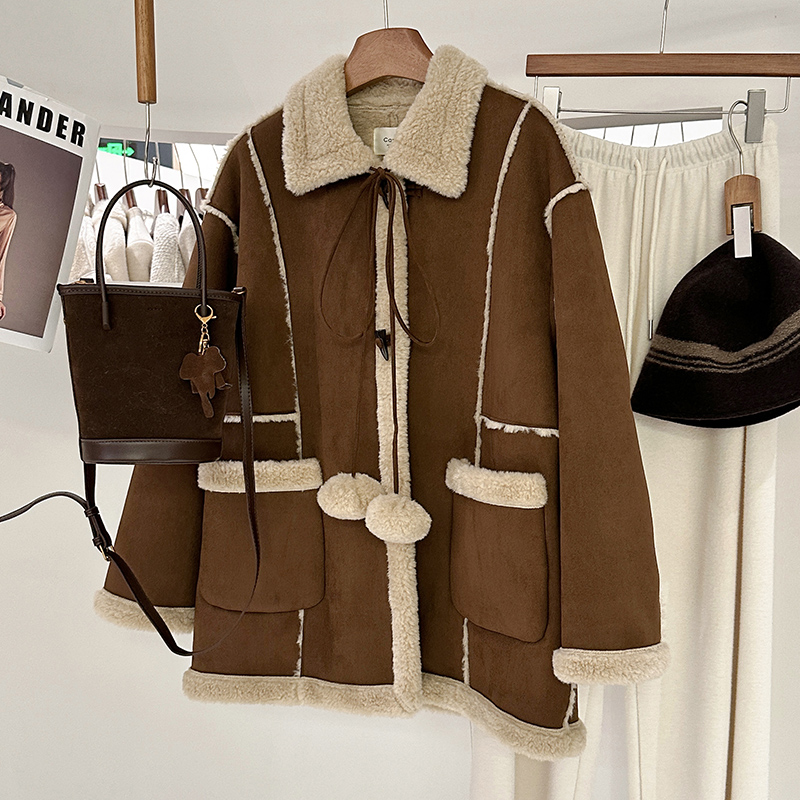 1CoMo 新款百搭时尚日常通勤复古秋冬保暖皮毛一体中长款外套5167