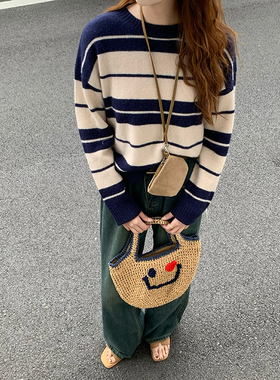 CoMo 条纹百搭打底女秋季新款时尚温柔减龄全羊毛条纹毛衣9088