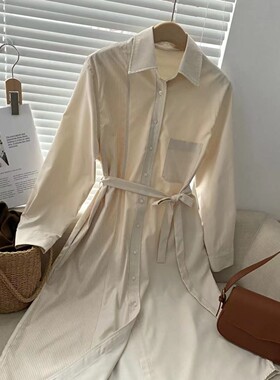 CoMo 新款系带韩版收腰百搭显瘦气质时尚长袖长款连衣裙 8815