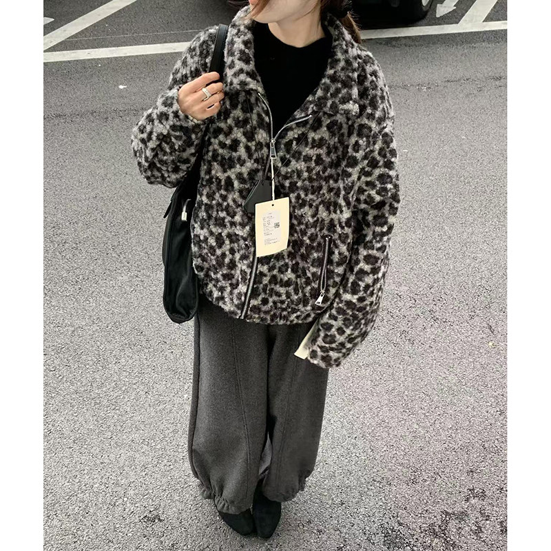 CoMo 豹纹仿貂绒外套秋冬新款棉衣潮牌宽松夹克女棉服9281