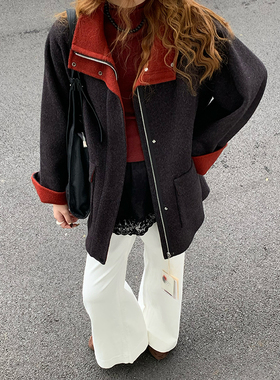 CoMo 两面穿羊毛大衣2025秋冬黑灰色新款女韩系高端外套7142