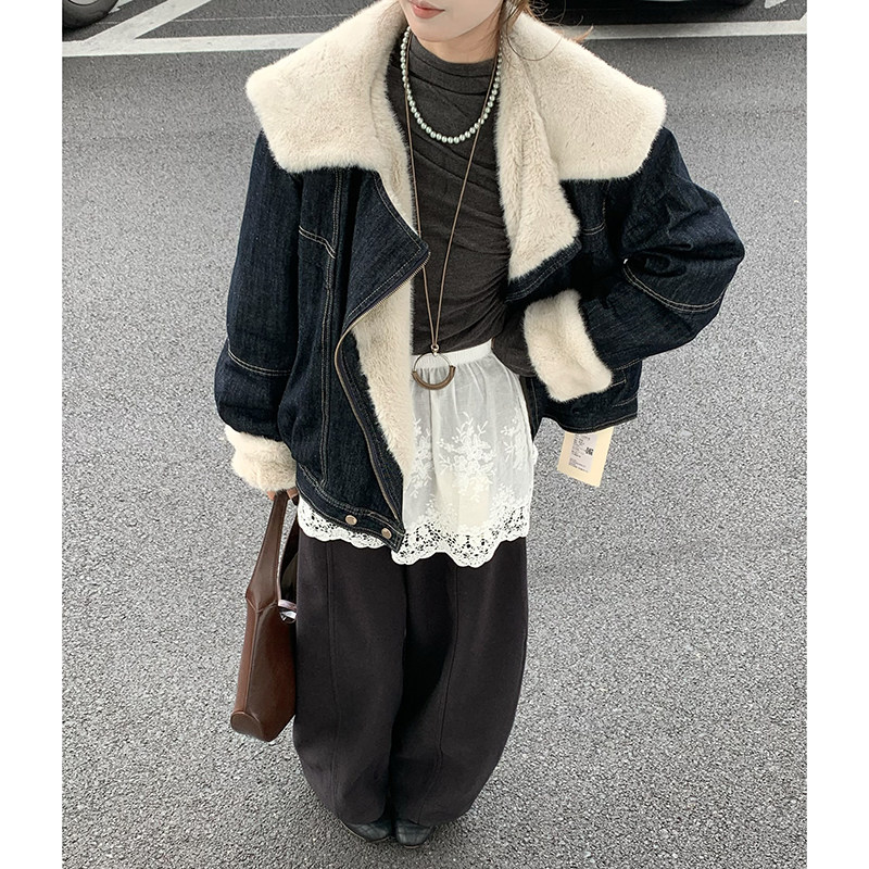 CoMo 牛仔加绒外套毛毛领秋冬2025年新款加厚短款上衣女1177