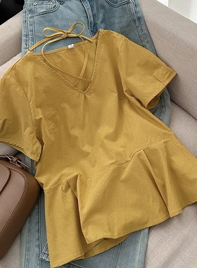 1CoMo 新款夏季爆款常规简约韩版设计感显瘦休闲V领系带上衣8612