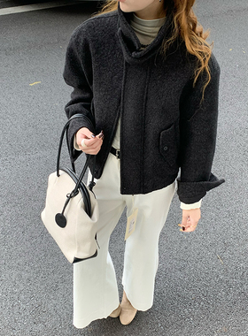 CoMo 韩系慵懒风羊羔毛外套女秋冬季黑色棉衣简约高级感8118