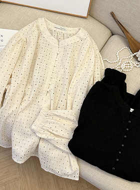 1CoMo 新款全棉法式常规款通勤风小众设计感圆领镂空绣花衬衫5210