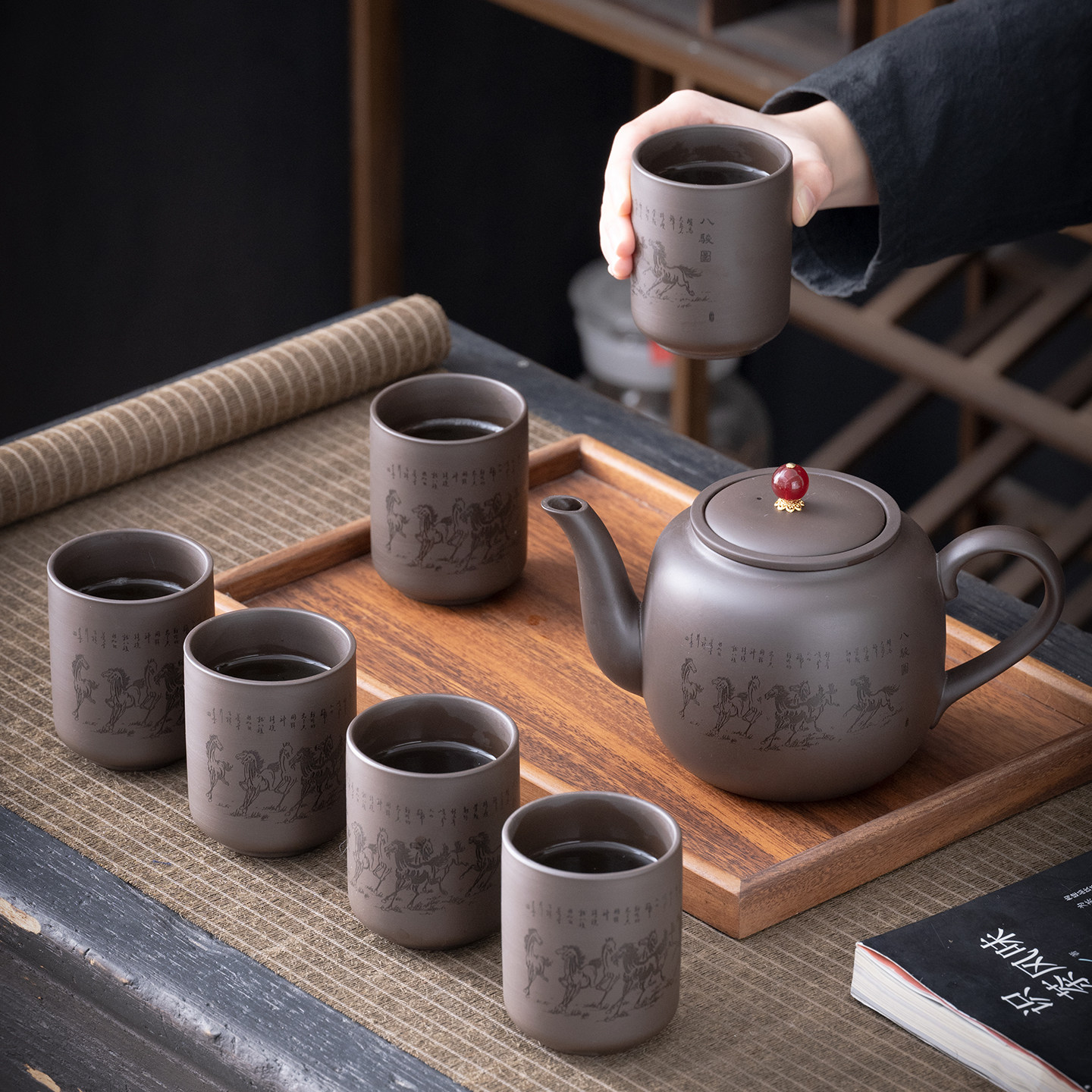 紫砂大容量茶壶带过滤刻字家用泡茶器大号功夫茶具单壶杯子套装