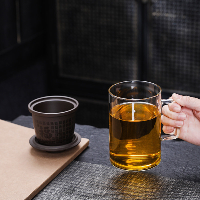 玻璃办公茶杯带紫砂过滤花茶杯