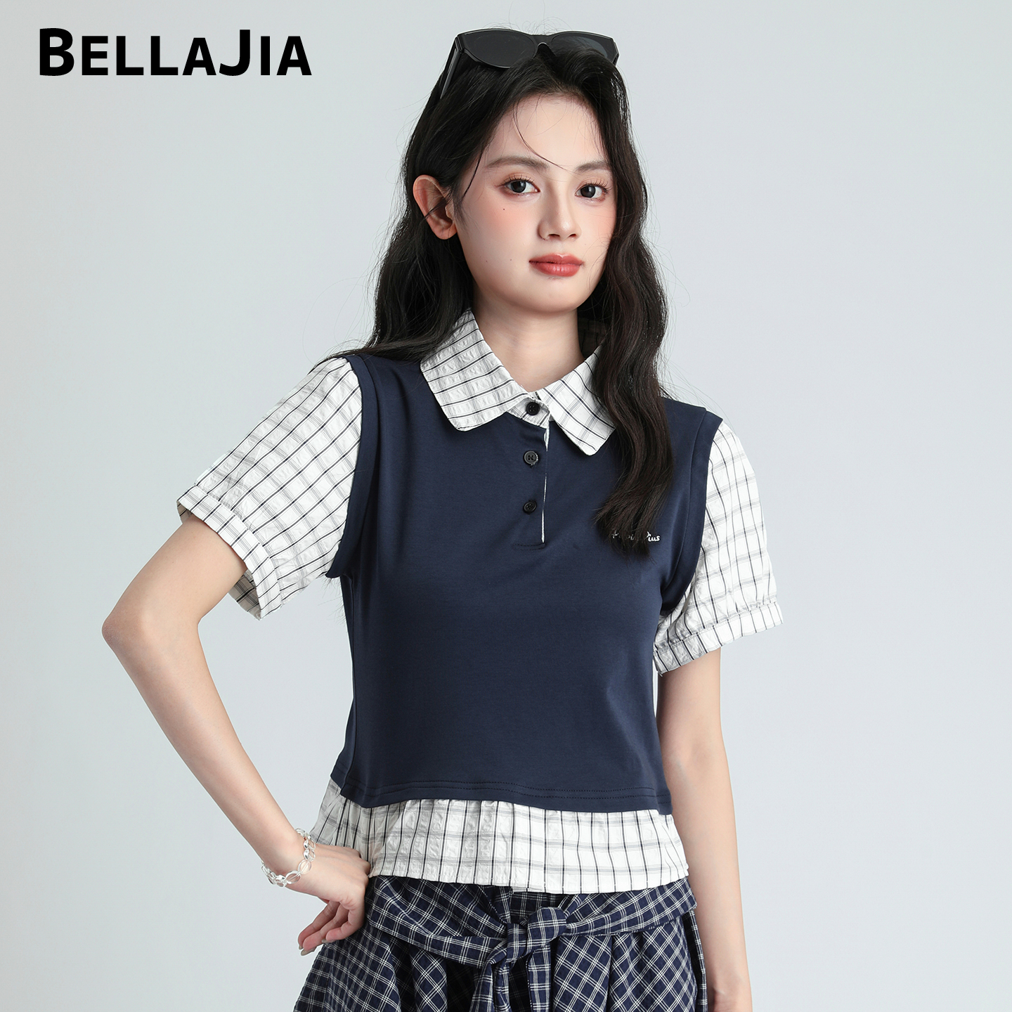 学院风polo领格子短袖t恤女夏季