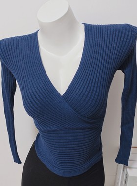 多色弹力深V领藏青长袖毛织显白显瘦打底上衣女2025年春夏