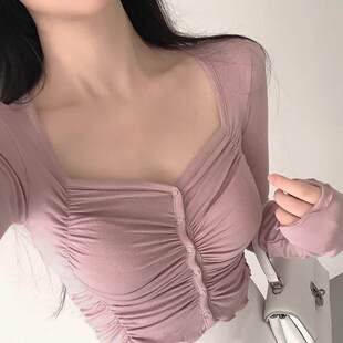 T恤开衫 长袖 性感方领褶皱短款 ME105气质女人味