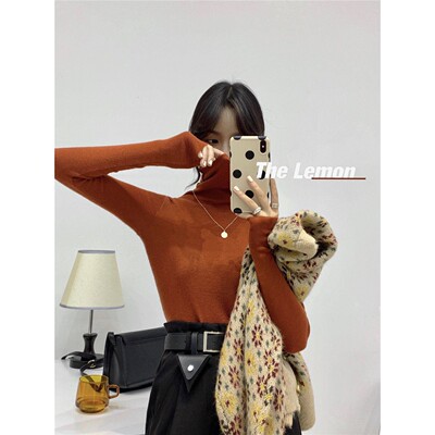 The lemon高领针织衫女韩版糖果色推推领修身长袖套头内搭打底衫